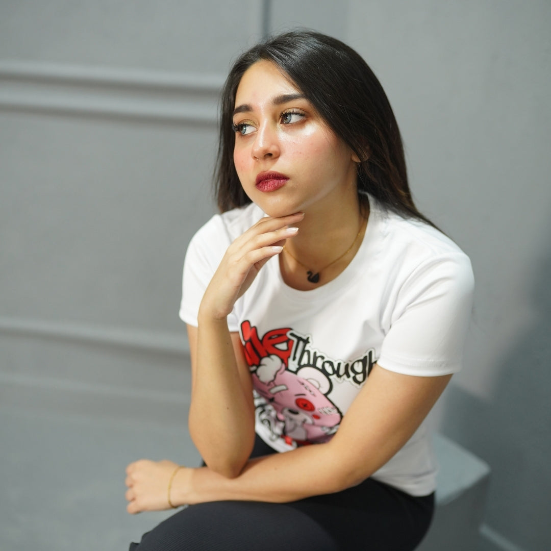 SMILE THROUGH WHITE- PRINTED TSHIRT